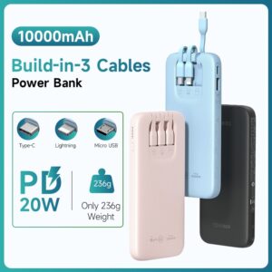 Portable Charger 10000mAh PD 20W Power Bank Built in 3 Cables Fast Charging External Battery 1