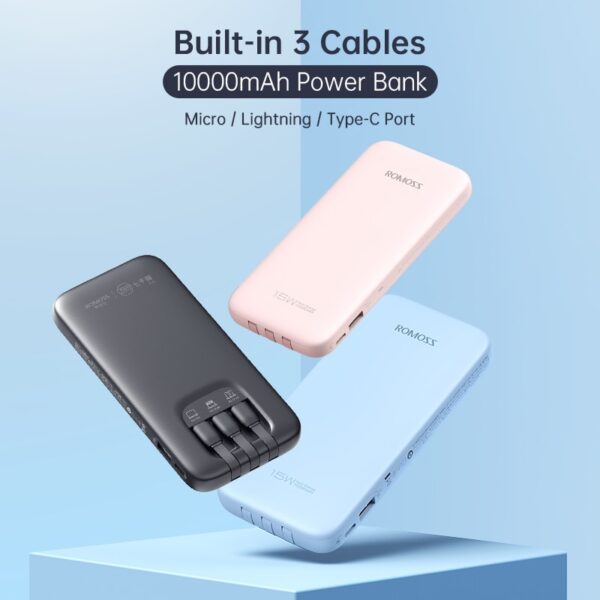 Portable Charger 10000mAh PD 20W Power Bank Built in 3 Cables Fast Charging External Battery 2